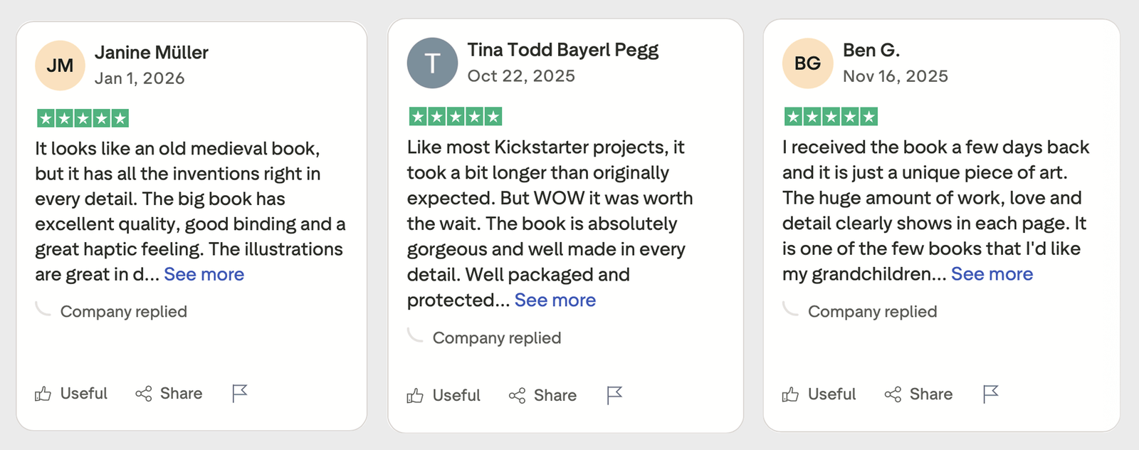 Three cards displaying 5-star customer reviews praising a Kickstarter book's artwork, binding, quality, and haptic feel.