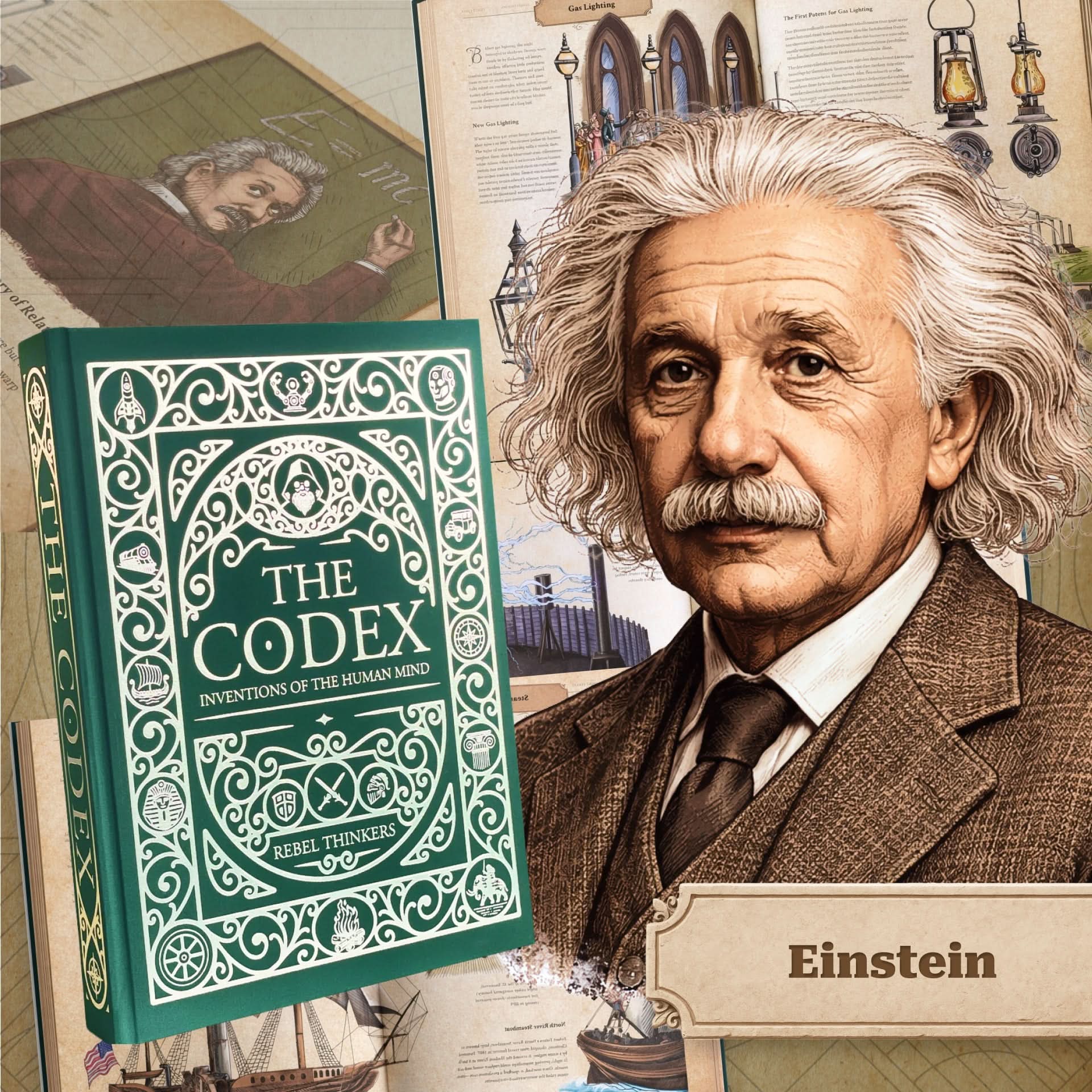 The Codex: Inventions of the Human Mind premium illustrated book cover with Albert Einstein portrait, invention pages, and hardcover collector edition
