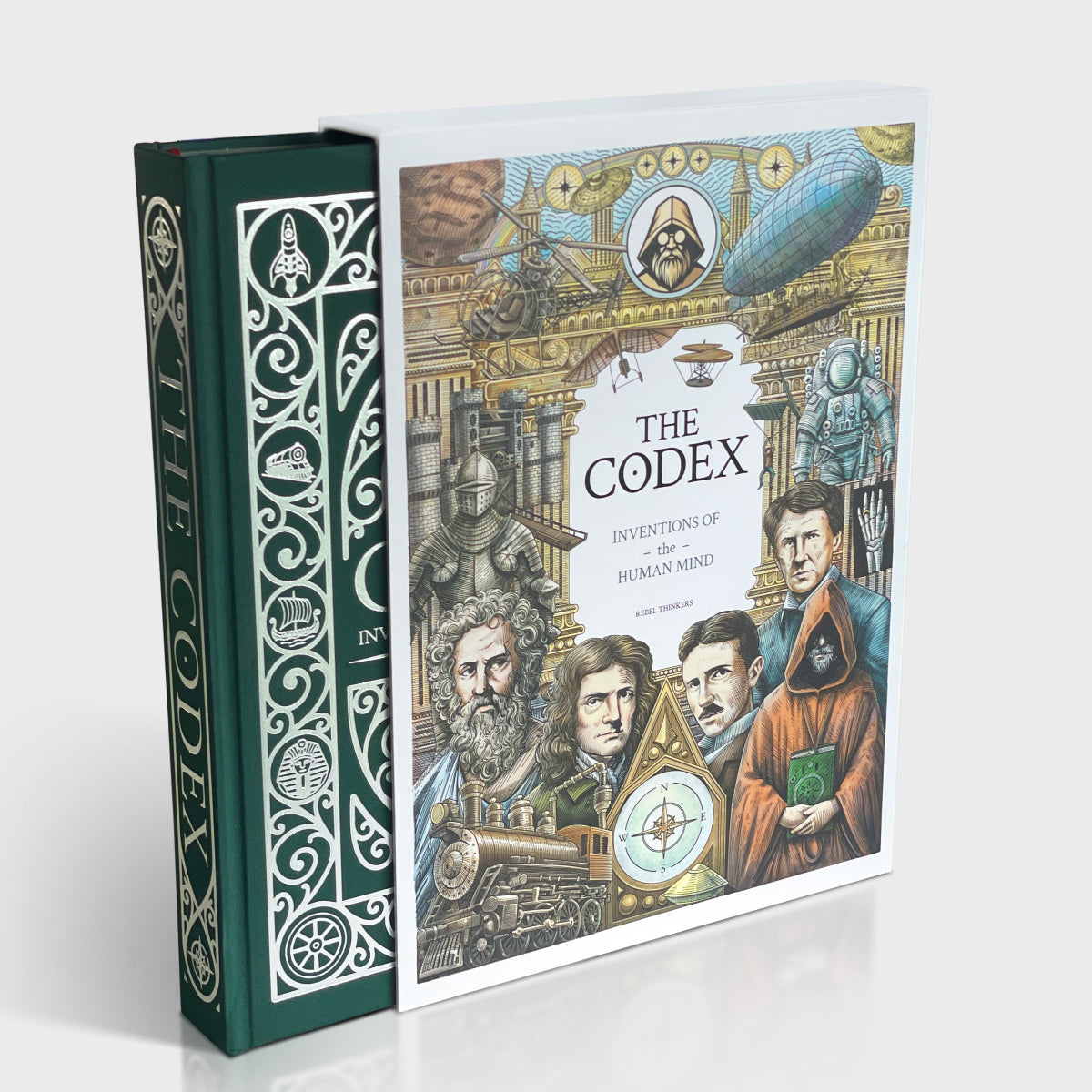 Book titled 'The Codex' with decorative cover and illustration of people on a white background