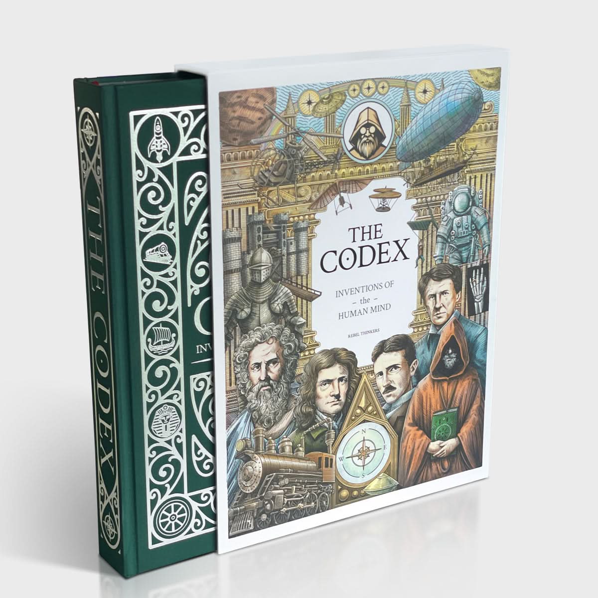 Book titled 'The Codex' with decorative cover and illustration of people on a white background