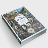 The Codex book in a decorative slipcase, illustrated encyclopedia of inventions in Da Vinci-inspired style with portraits of inventors.