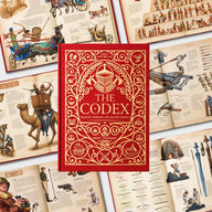 Red hardcover of The Codex book surrounded by open illustrated spreads detailing war chariots, war camels, crossbows, and ancient weapons.