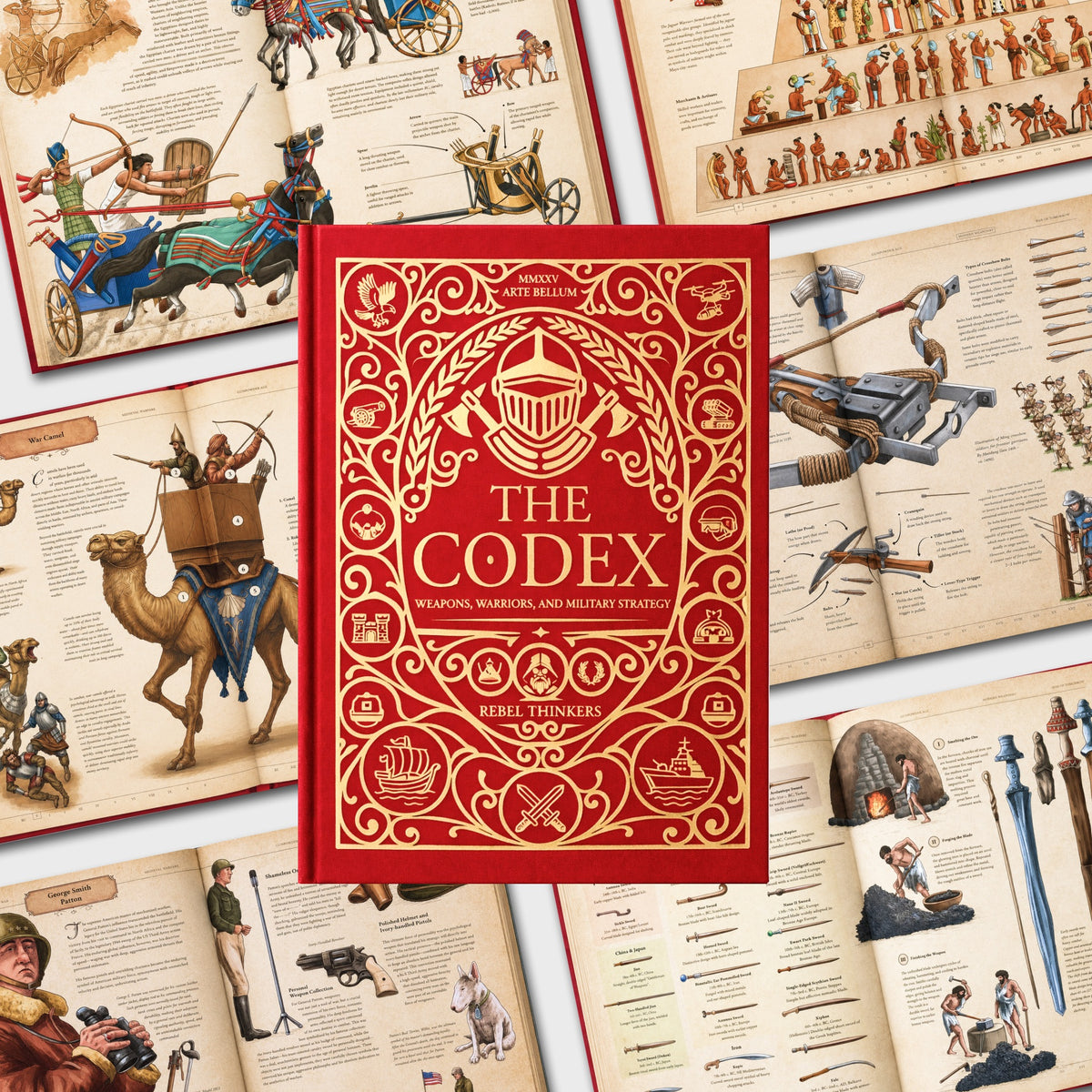 Red hardcover of The Codex book surrounded by open illustrated spreads detailing war chariots, war camels, crossbows, and ancient weapons.