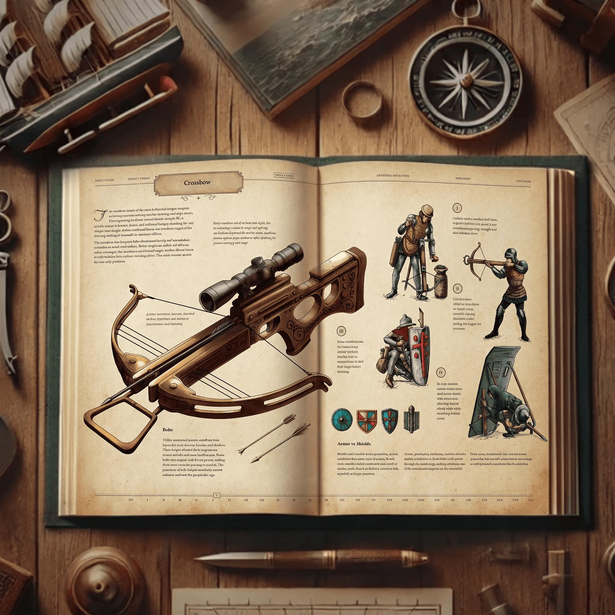 An open page from a historical codex book featuring a detailed illustration of a wooden crossbow with a scope, bolts, and medieval soldiers.
