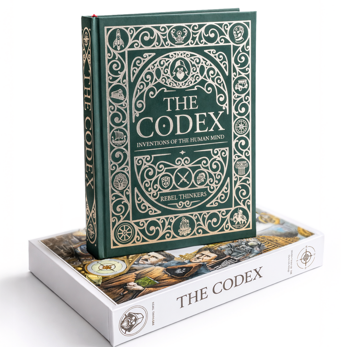 Green hardcover edition of The Codex: Inventions of the Human Mind standing upright on top of its illustrated white slipcase.