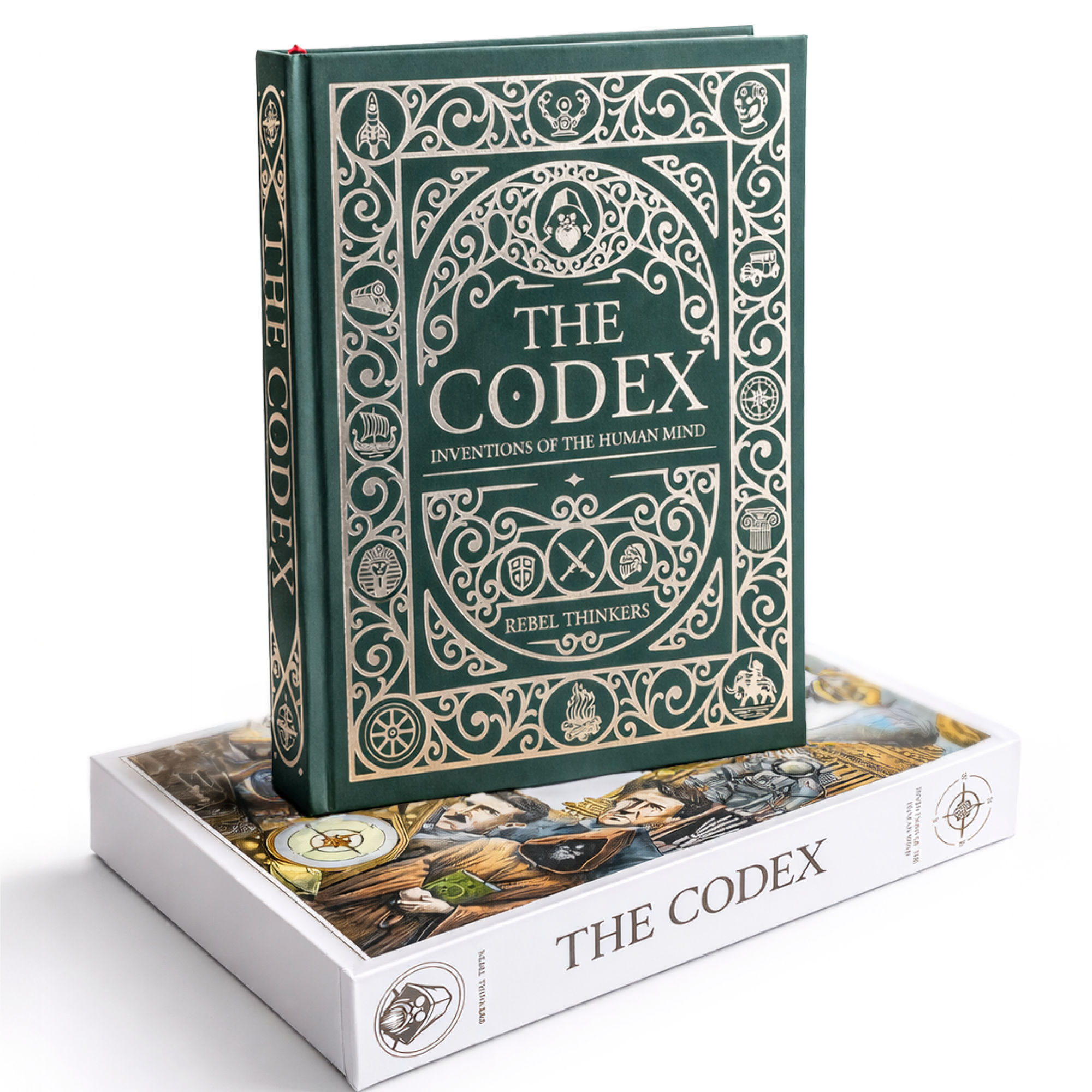 Green hardcover edition of The Codex: Inventions of the Human Mind standing upright on top of its illustrated white slipcase.