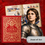 The Codex book alongside an illustrated portrait of Joan of Arc in plate armor, with an open spread on medieval knight tournaments in the background.