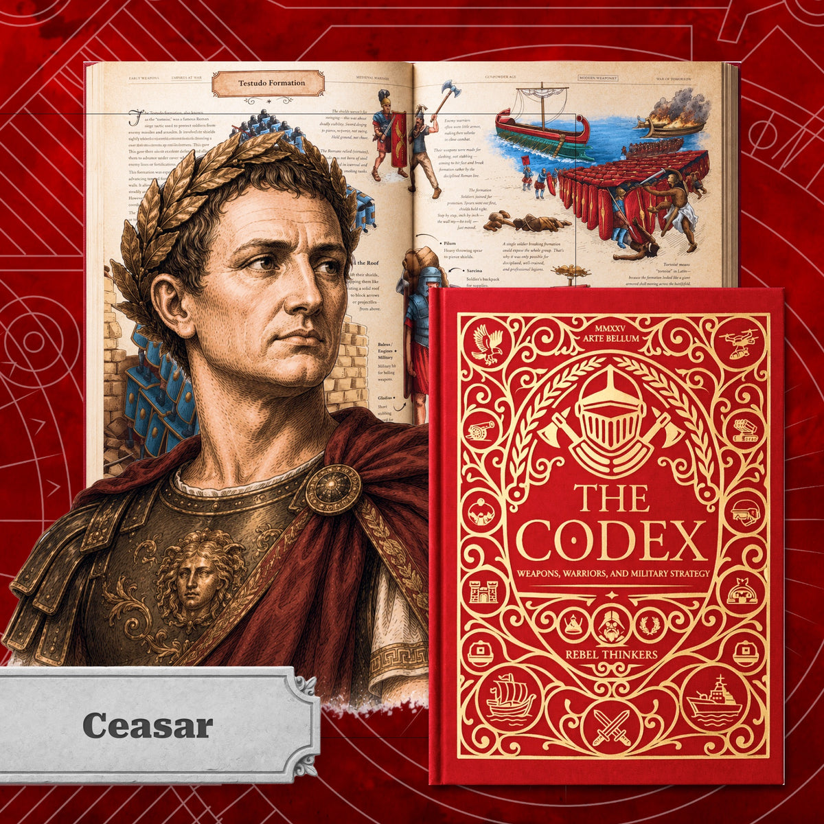The Codex book alongside an illustrated portrait of Julius Caesar, featuring an open book spread on Roman military tactics and the Testudo formation.