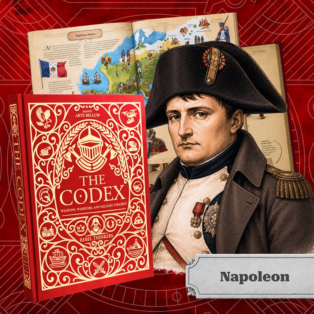 The Codex book alongside a portrait of Napoleon Bonaparte in uniform, featuring an open book spread on Napoleonic battles in the background.