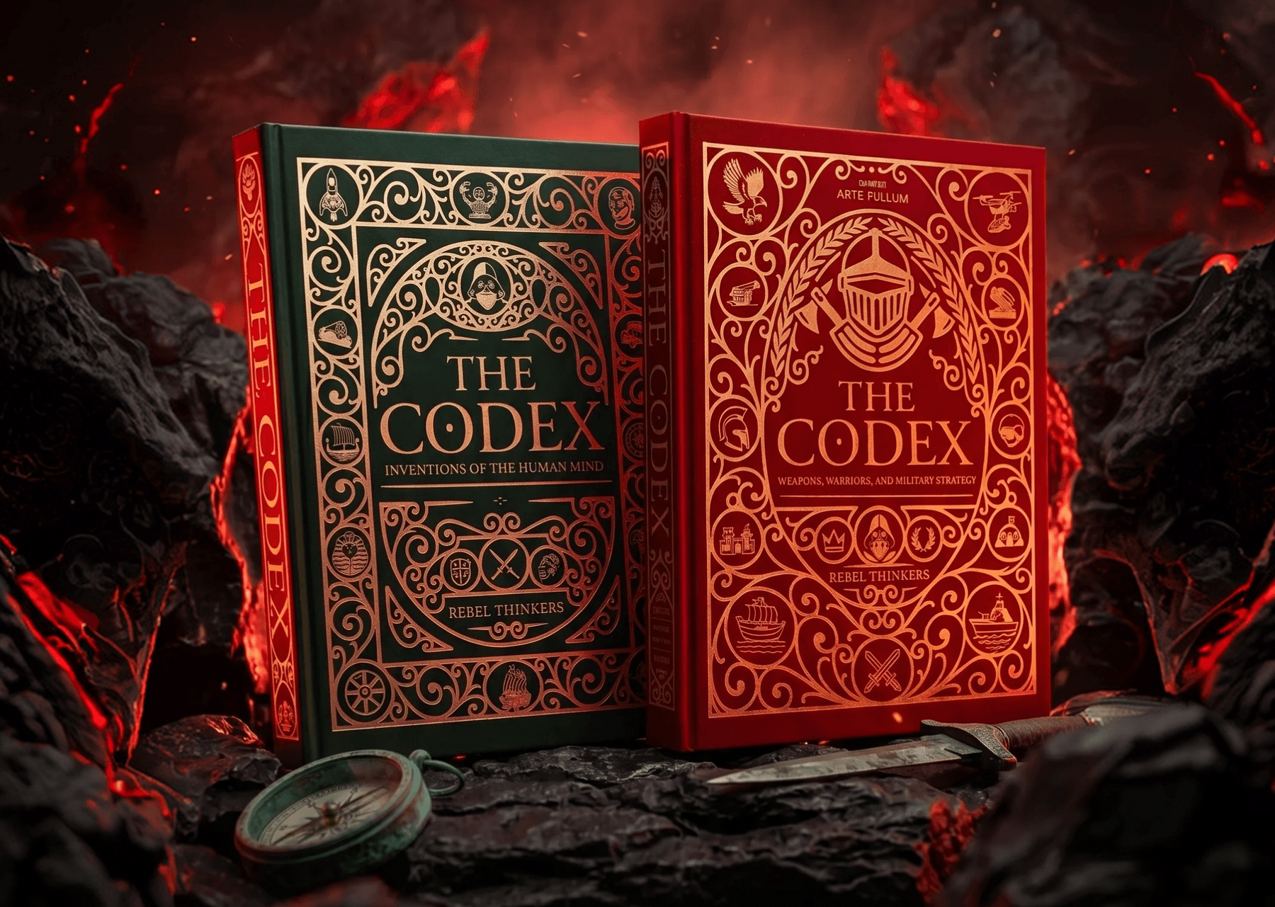 Green and red editions of The Codex book series by Rebel Thinkers displayed in a medieval stone archway online store hero image.