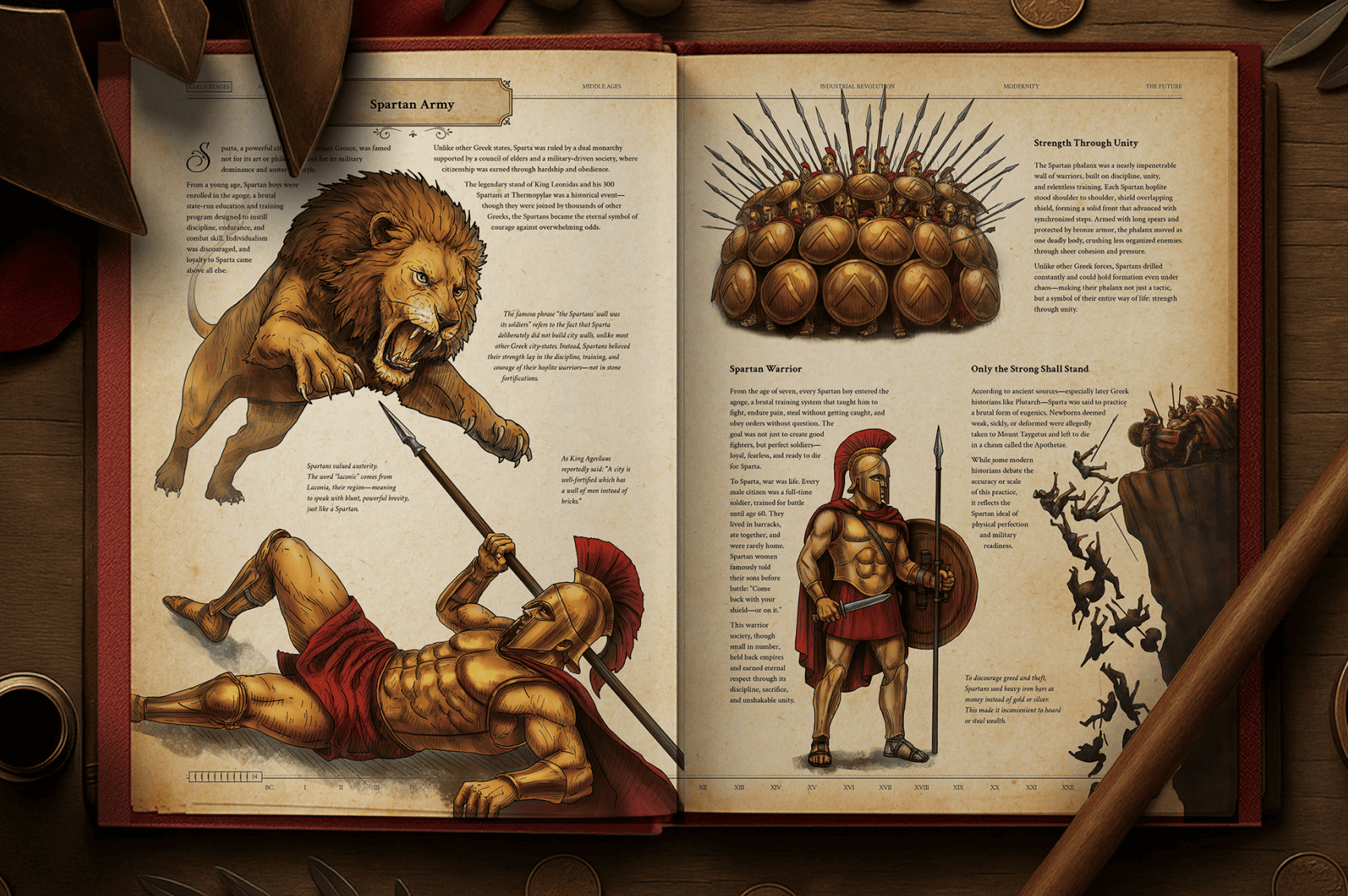 Illustrated page spread from The Codex book showing Spartan military strategy, soldier armor, spear tactics, and phalanx formation.