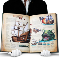 Open spread from The Codex: Inventions of the Human Mind showing an illustrated caravel ship, sea cannons, medieval vessels, maritime exploration, and invention history