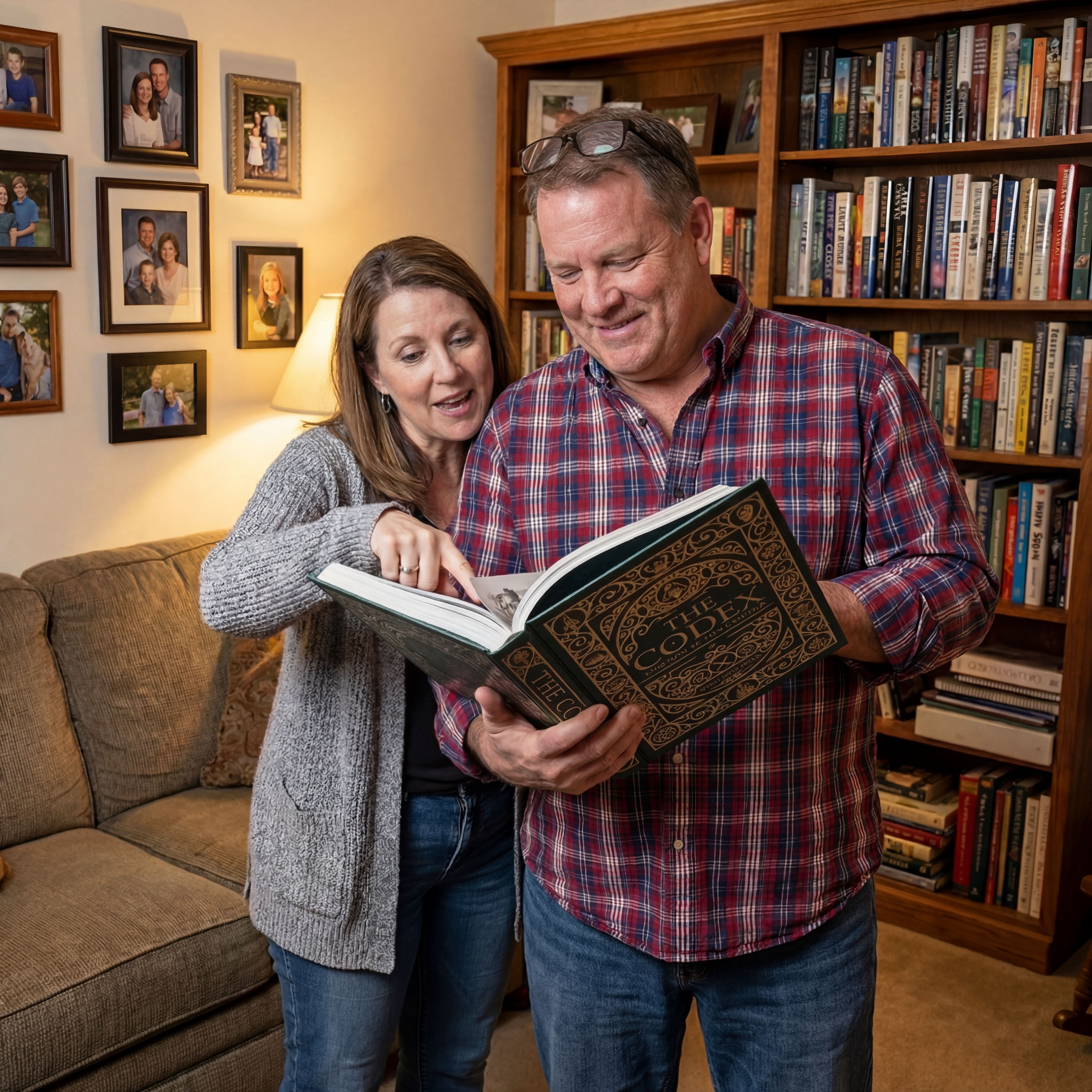 Couple reading The Codex: Inventions of the Human Mind premium hardcover coffee table book together in a home library