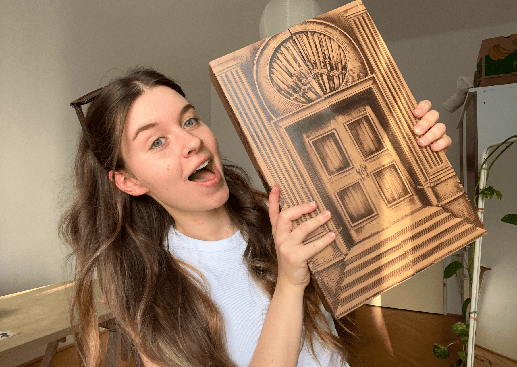 Young woman displaying the custom printed exterior packaging box featuring detailed doorway illustrations.