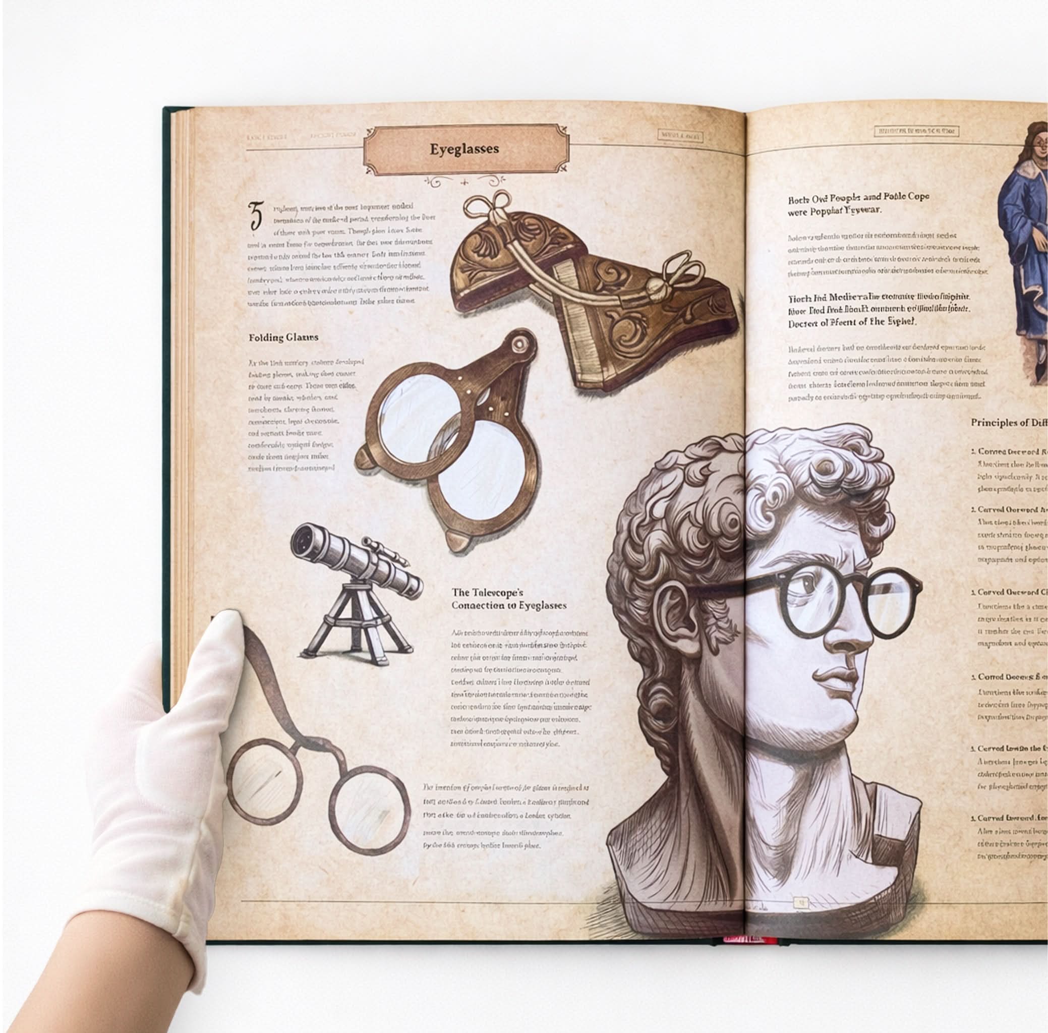 Illustrated eyeglasses spread inside The Codex: Inventions of the Human Mind, showing the history of spectacles, lenses, optical devices, and invention design