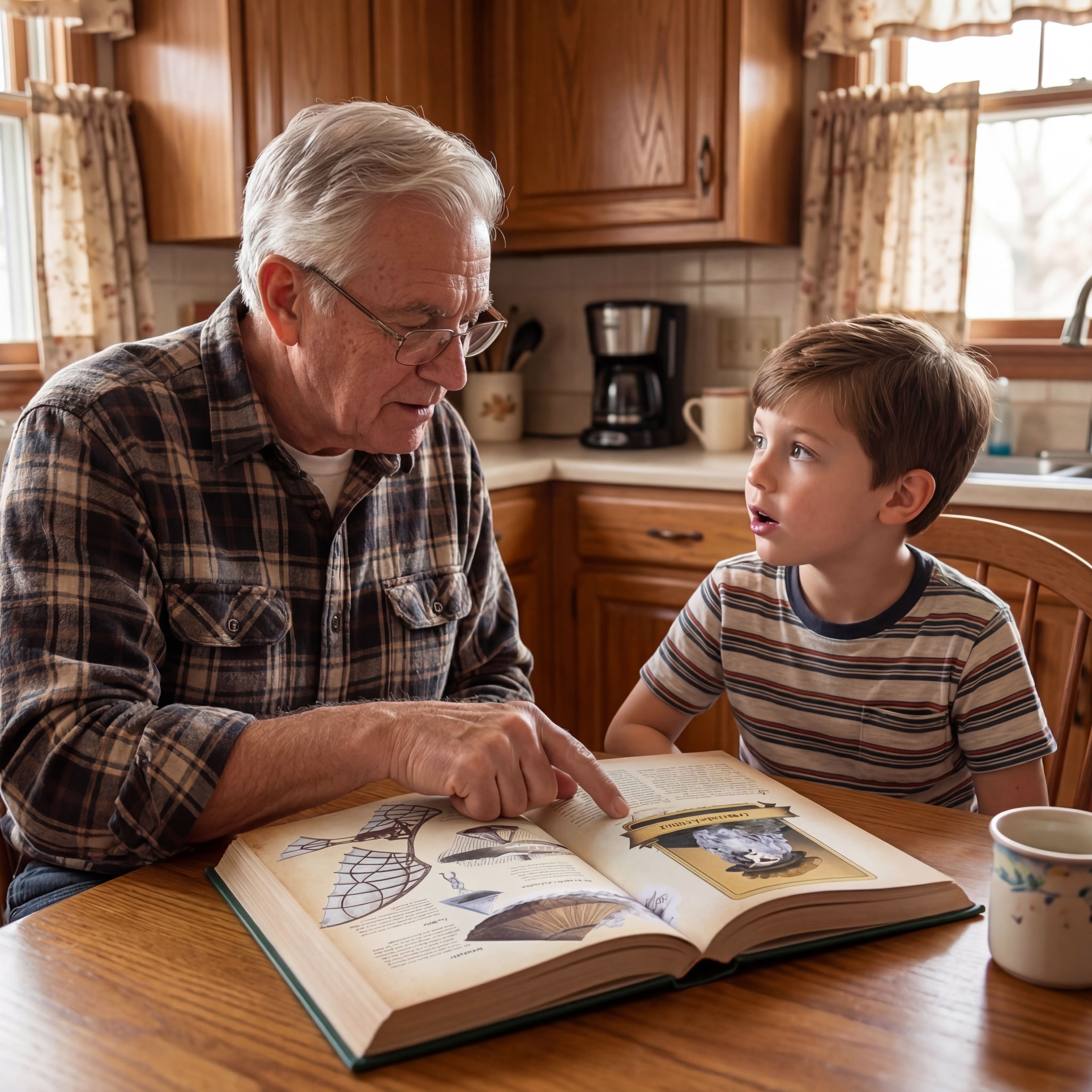Grandfather and child reading The Codex: Inventions of the Human Mind illustrated hardcover book together at a kitchen table
