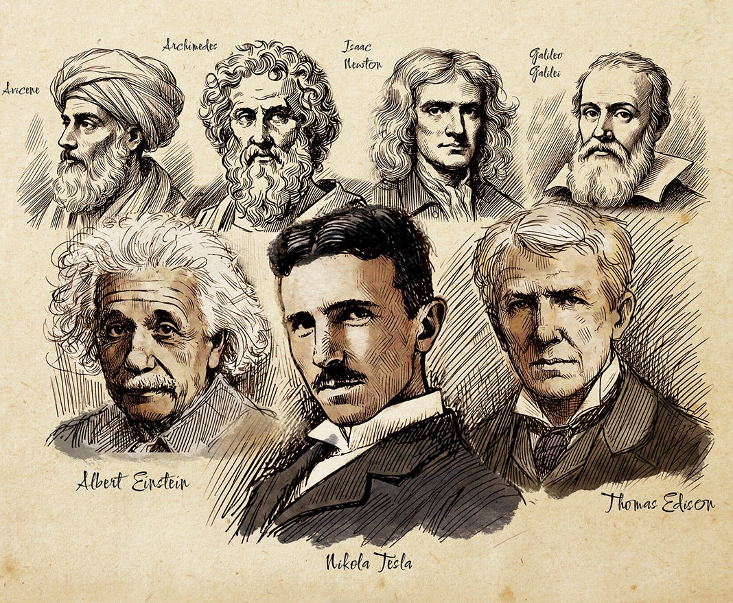 Illustrated portraits of great inventors and thinkers featured in The Codex: Inventions of the Human Mind, including Avicenna, Archimedes, Isaac Newton, Galileo, Albert Einstein, Nikola Tesla, and Thomas Edison