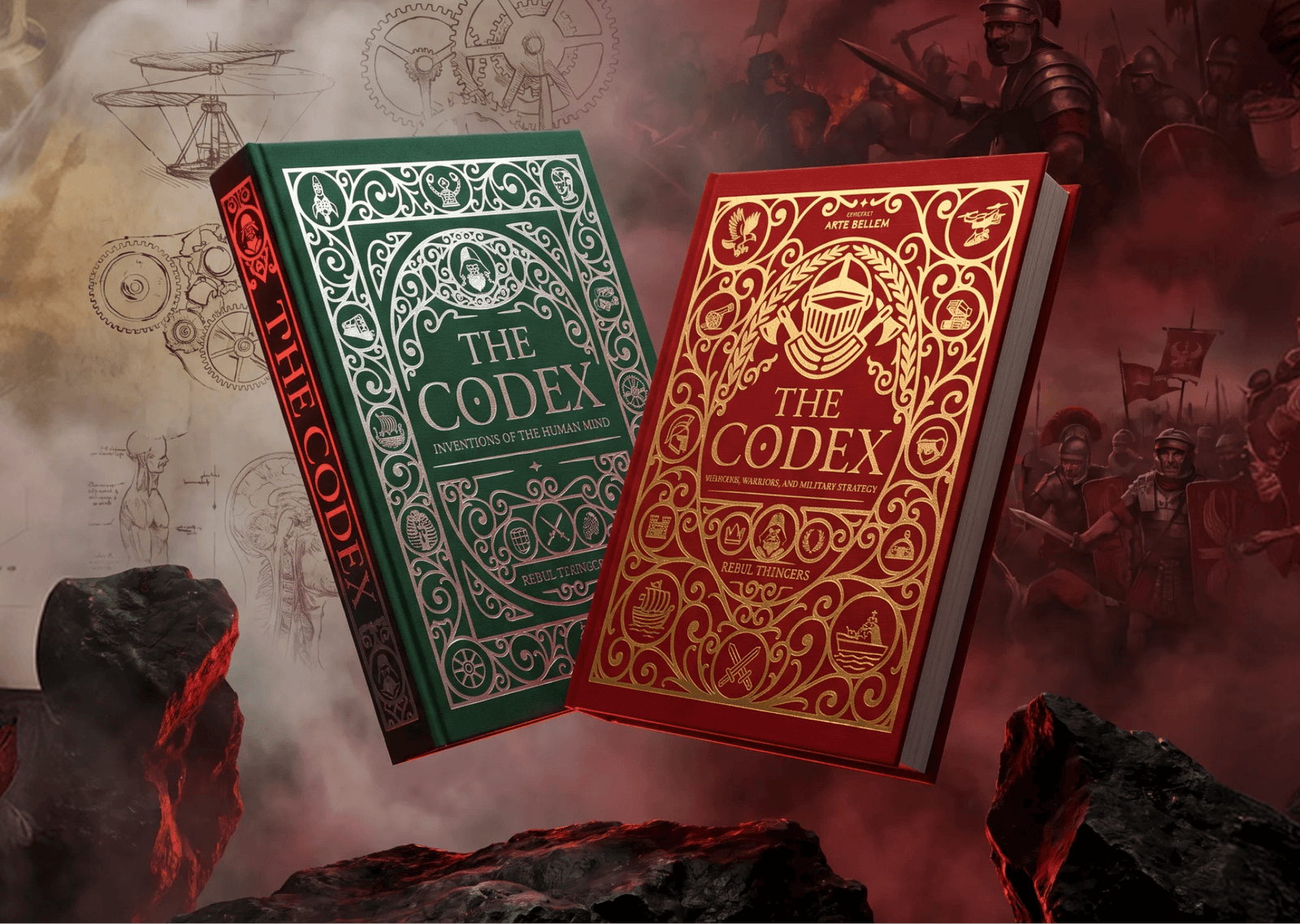 Two ornate hardcover volumes of The Codex in green and red with gold foil accents, set against a backdrop of historical sketches and battle scenes.