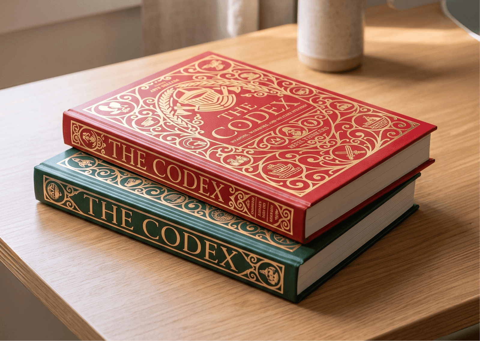 A stacked pair of gold-embossed hardcover books, The Codex red and green editions, resting on a clean wooden desk.