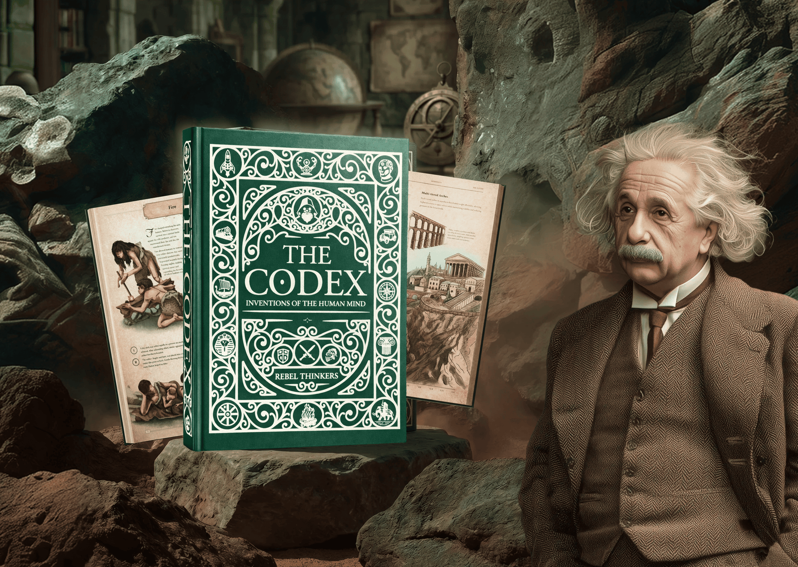 Green ornate cover of The Codex: Inventions of the Human Mind book by Rebel Thinkers, displayed with open pages and an illustration of Albert Einstein.