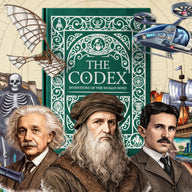 The Codex: Inventions of the Human Mind premium illustrated book cover with Albert Einstein, Leonardo da Vinci, Nikola Tesla, inventions, and historical artwork