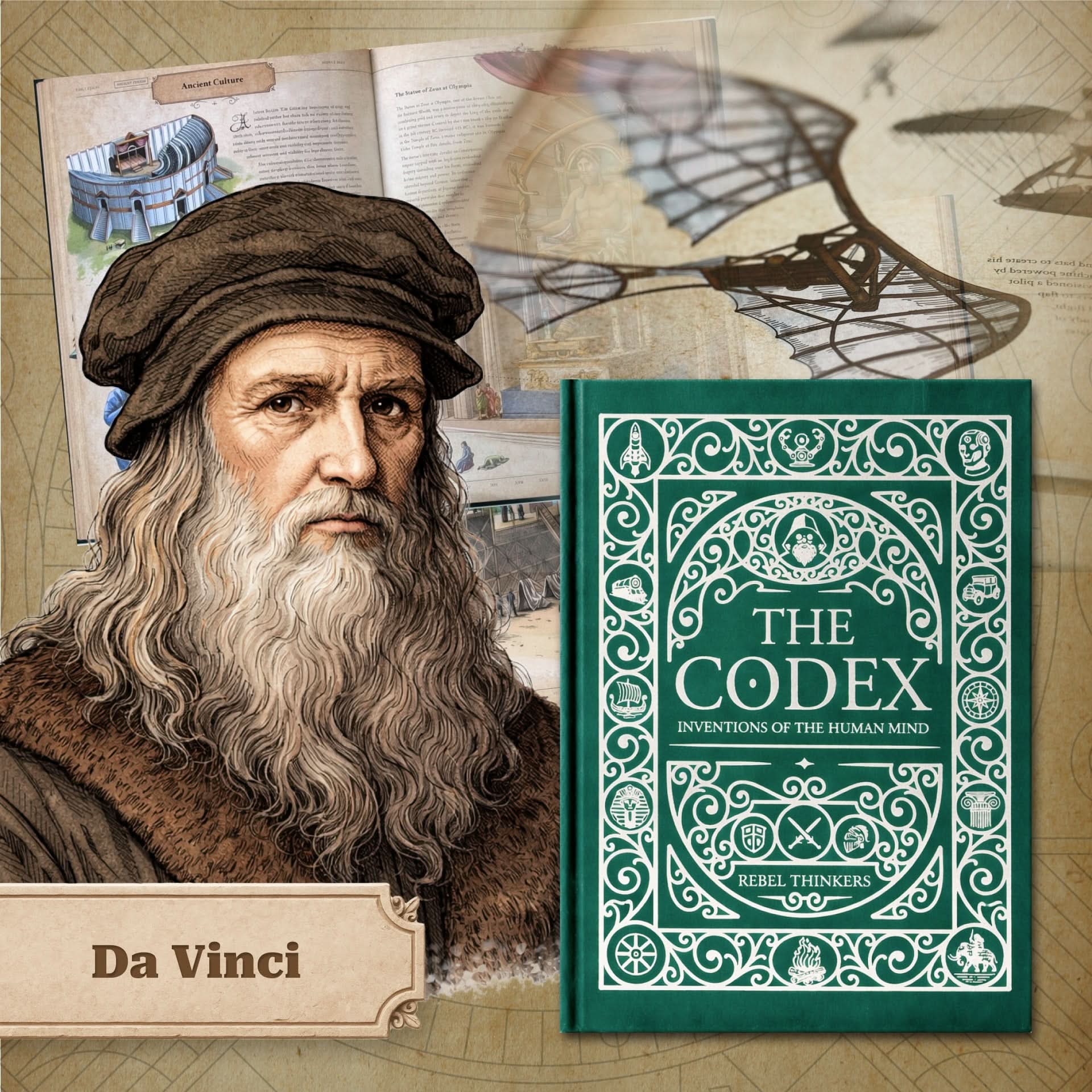 The Codex: Inventions of the Human Mind premium illustrated book cover with Leonardo da Vinci portrait, flying machine drawings, and hardcover collector edition