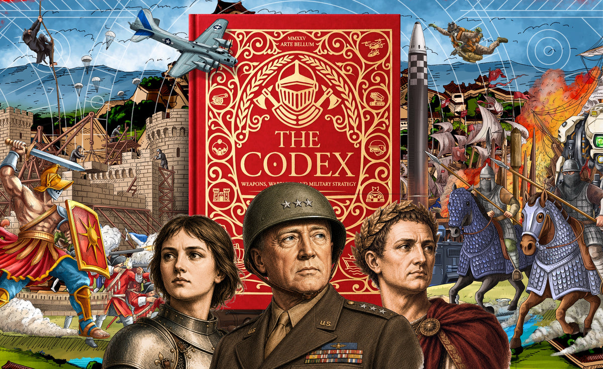 Collage illustration featuring The Codex book cover surrounded by historical military figures including General Patton, Joan of Arc, Julius Caesar, and battle scenes across eras.