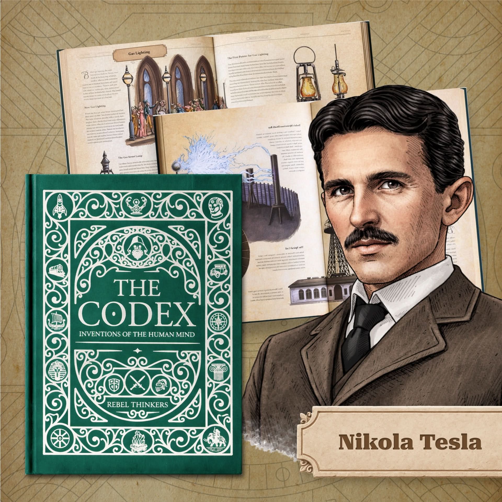Book titled 'The Codex' with a portrait of Nikola Tesla on a textured background
