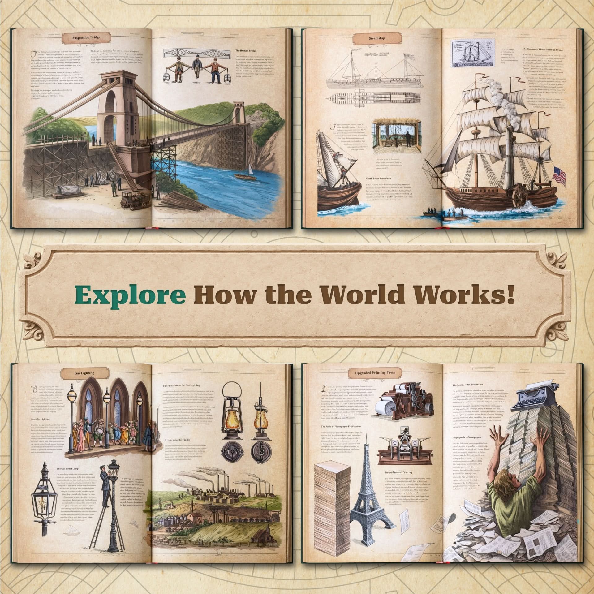 Open spreads from The Codex: Inventions of the Human Mind showing illustrated pages about bridges, steamships, gas lighting, printing, and world-changing inventions