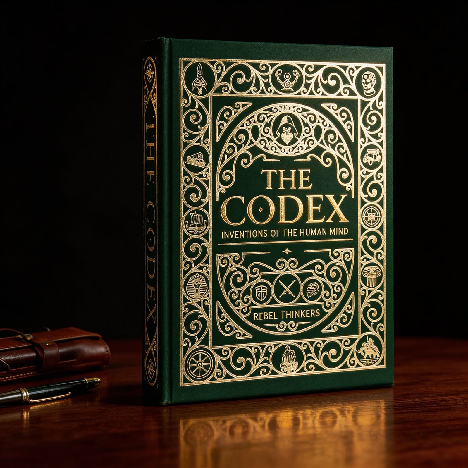 Decorative book titled 'The Codex' with intricate gold designs on a dark background