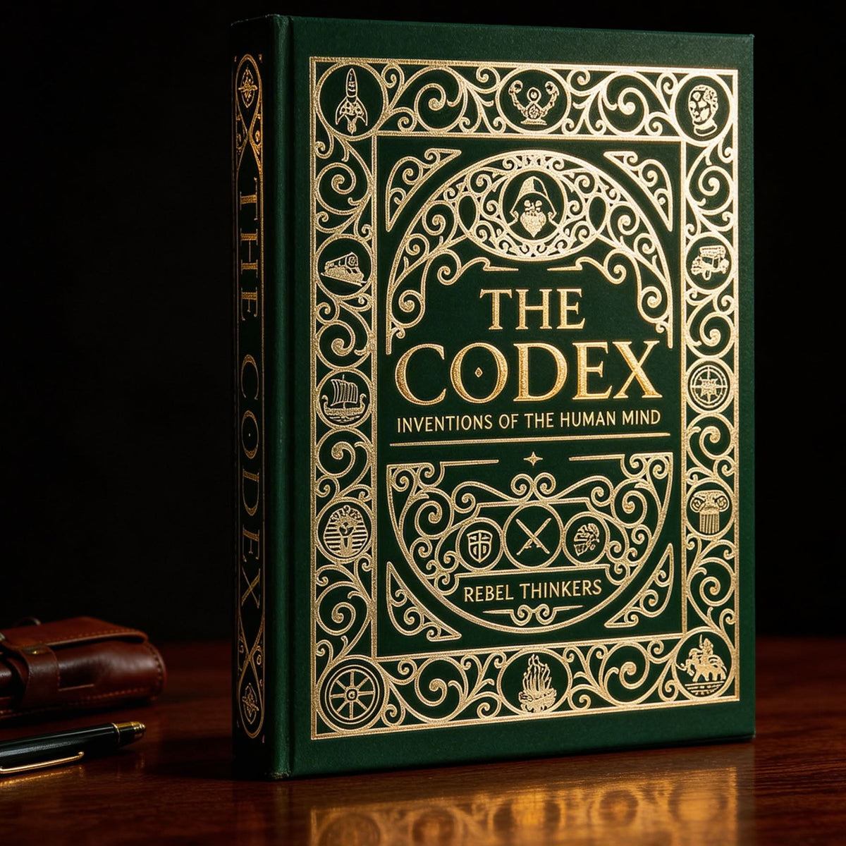 Decorative book titled 'The Codex' with intricate gold designs on a dark background
