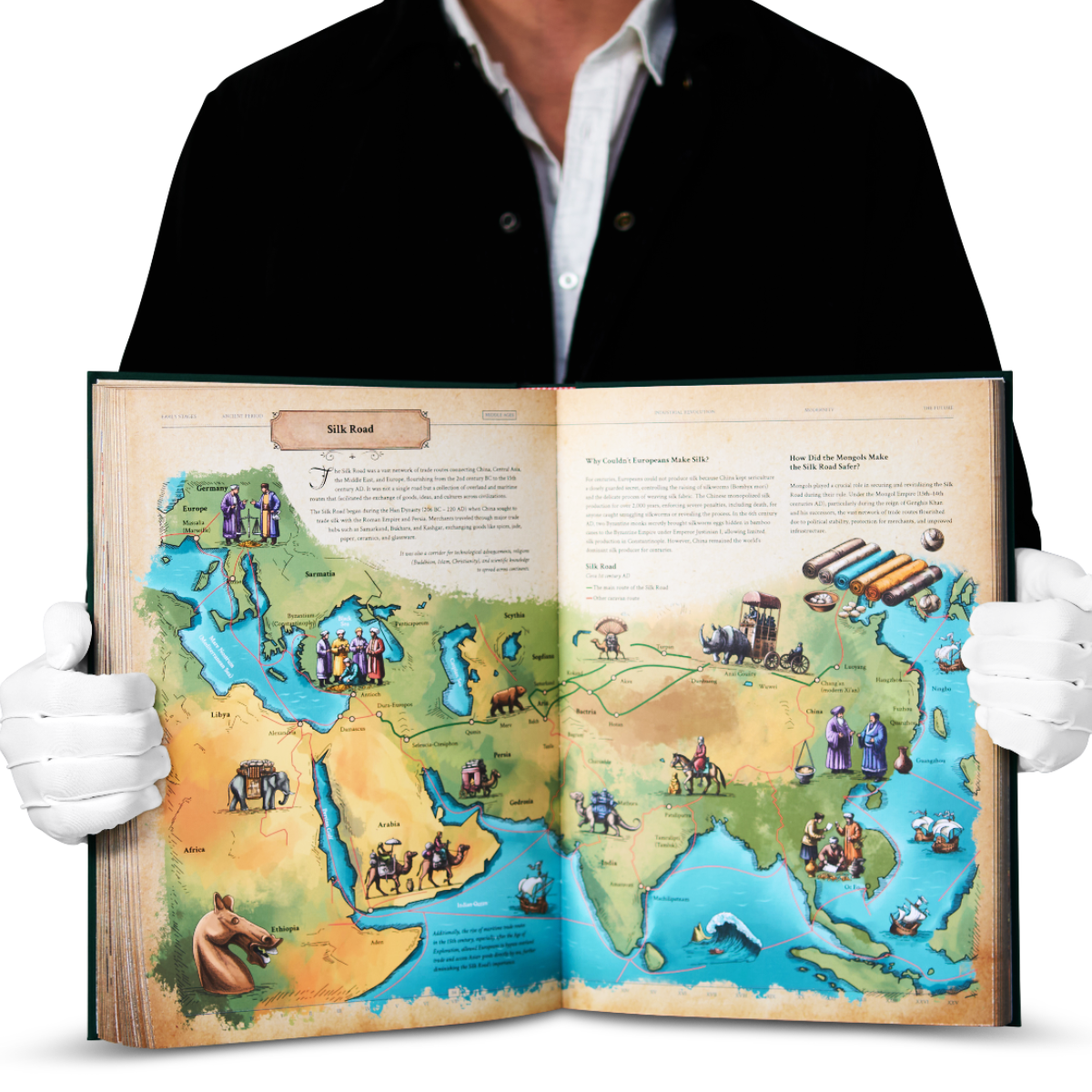 Open spread from The Codex: Inventions of the Human Mind showing an illustrated Silk Road map with trade routes, merchants, inventions, and world history