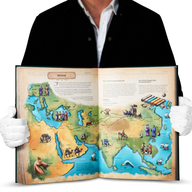Open spread from The Codex: Inventions of the Human Mind showing an illustrated Silk Road map with trade routes, merchants, inventions, and world history
