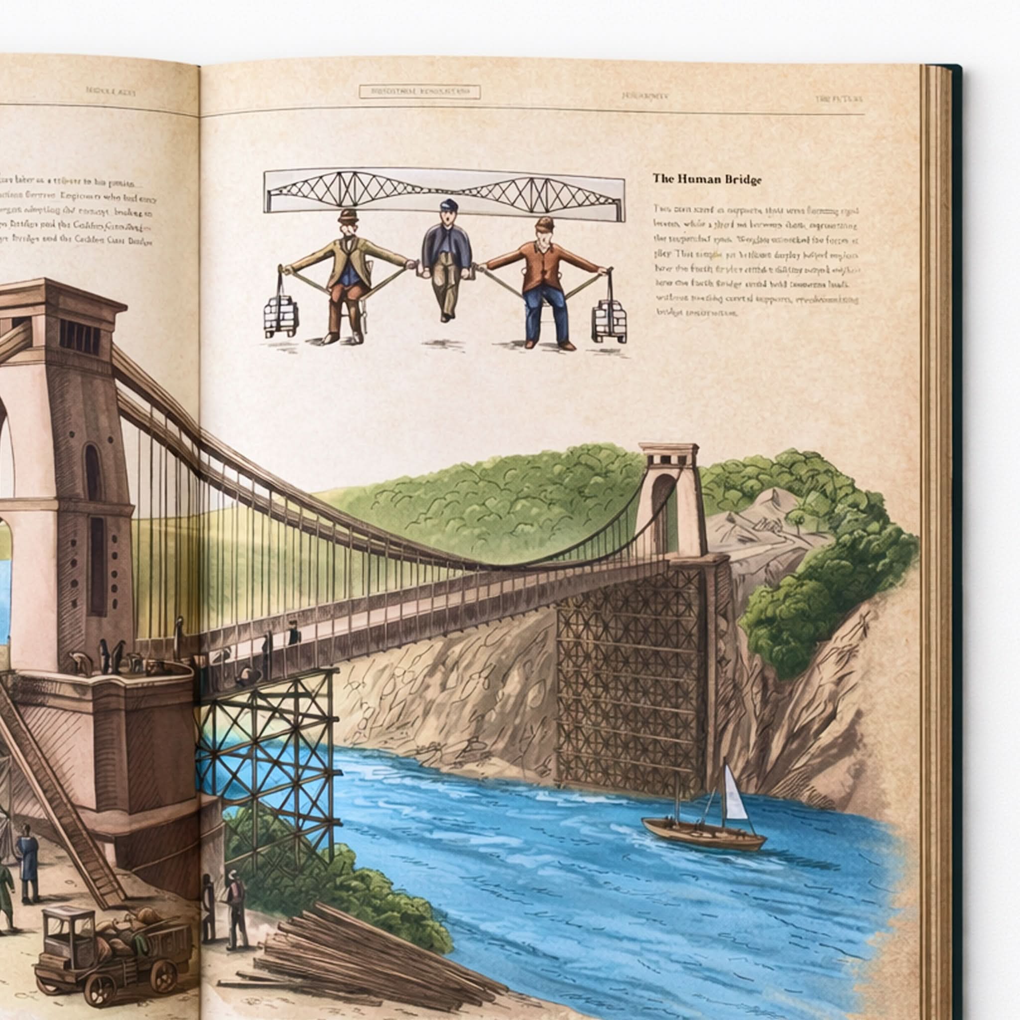 Illustrated suspension bridge spread inside The Codex: Inventions of the Human Mind, showing bridge engineering, construction, and invention history