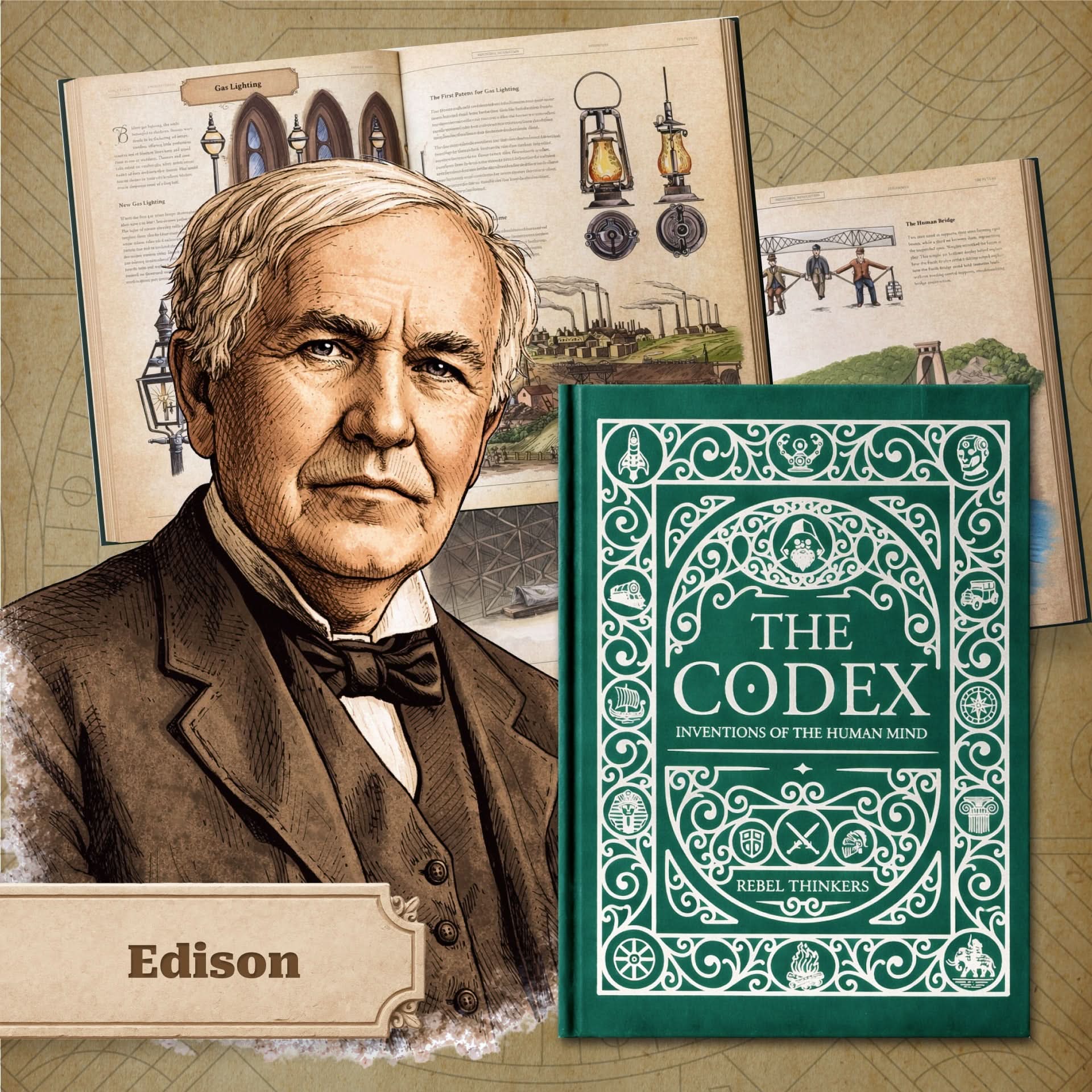 The Codex: Inventions of the Human Mind premium illustrated book cover with Thomas Edison portrait, invention pages, and hardcover collector edition