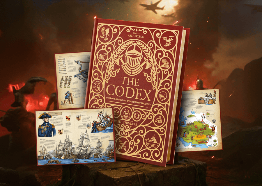 Hardcover book The Codex: Weapons, Warriors, and Military Strategy with ornate gold patterns displayed alongside illustrated interior pages on military history.