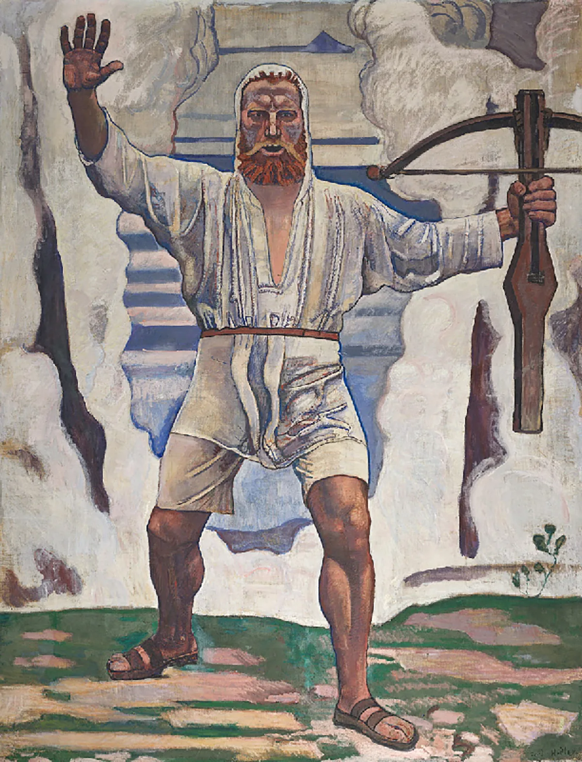 Expressionist artwork by Ferdinand Hodler depicting Swiss hero William Tell standing with a raised hand and holding a crossbow.